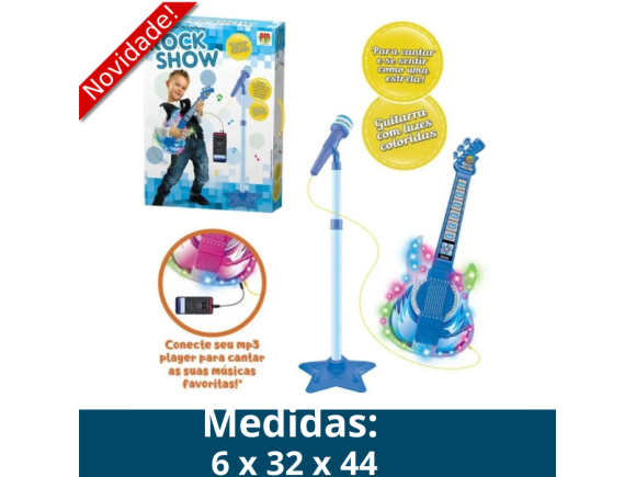 GUITARRA MICROF MUSICAL COM PEDESTRAL AZUL CABO P2 E LUZ A PILHA REF 8010