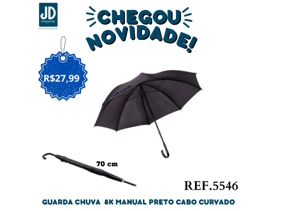 GUARDA CHUVA 70 CM 8K MANUAL PRETO CABO CURVADO UMB-5546