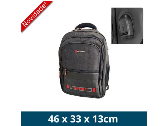 MOCHILA ADULTO MASCULINA EM POLIURETANO (PU) COR PRETA TAMANHO 46X33X13CM